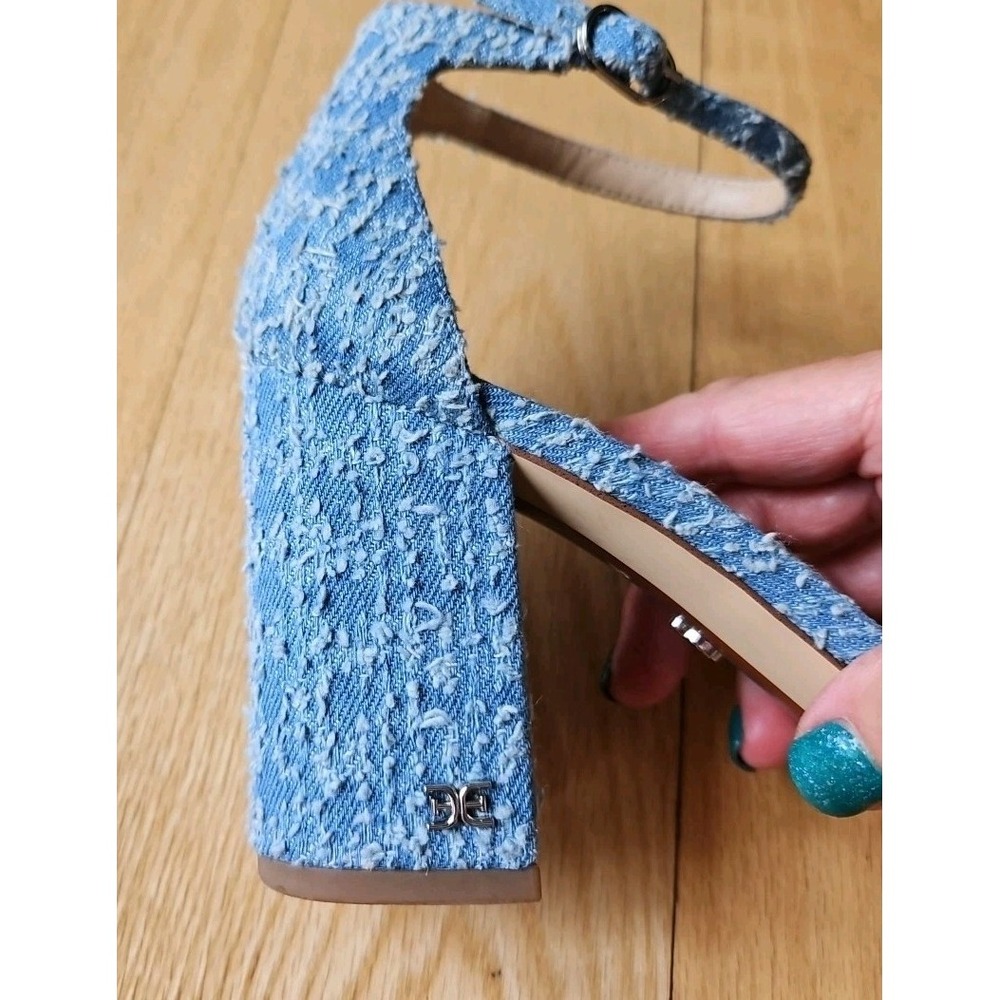 Sam Edelman Daniella Blue Distressed Frayed Denim Block Heel Sandals Womens 7.5 - Picture 7 of 10